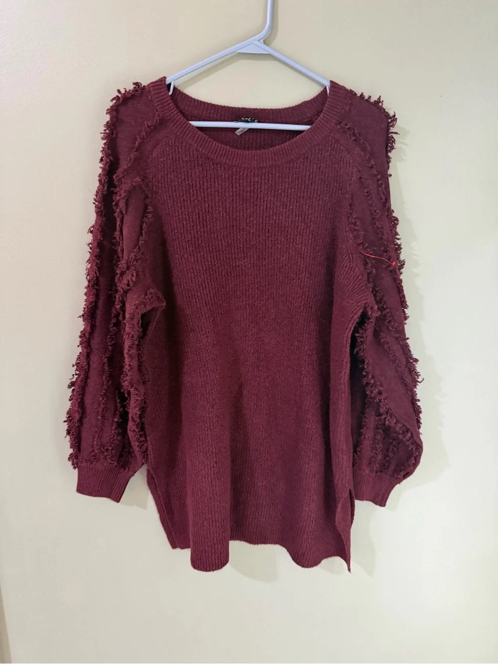 1 State Sweater burgundy Fringe Sleeves Women Soft tunic cotton blend sz 1X